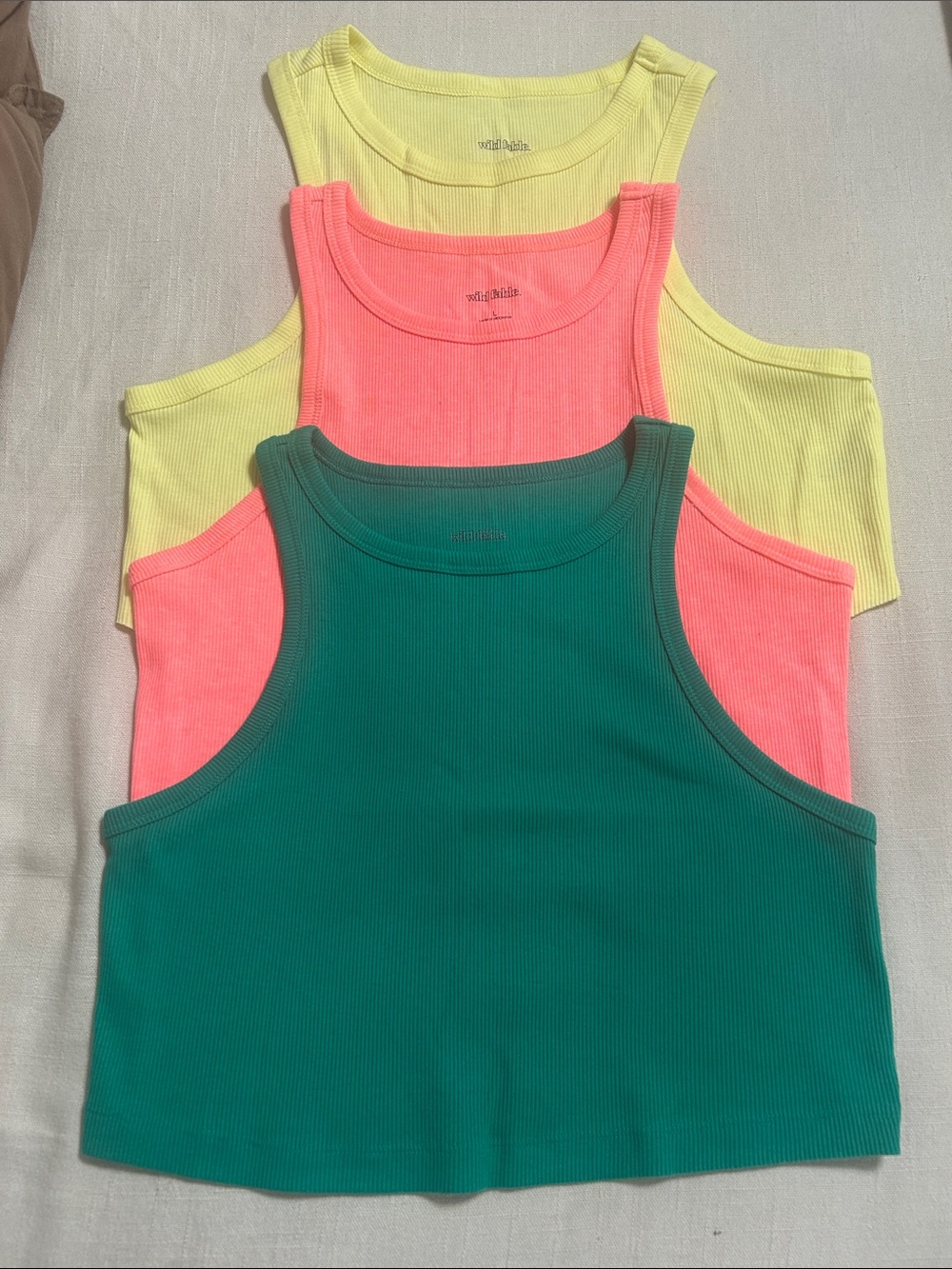 Wild Fable Ribbed Crop Tank Trio — Green, Neon Coral, Yellow